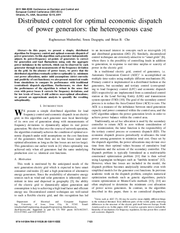 (PDF) Distributed control for optimal economic dispatch of power ...