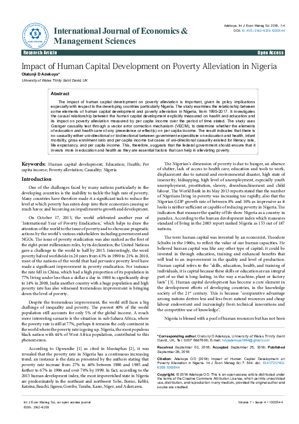 (PDF) Impact of Human Capital Development on Poverty Alleviation in Nigeria