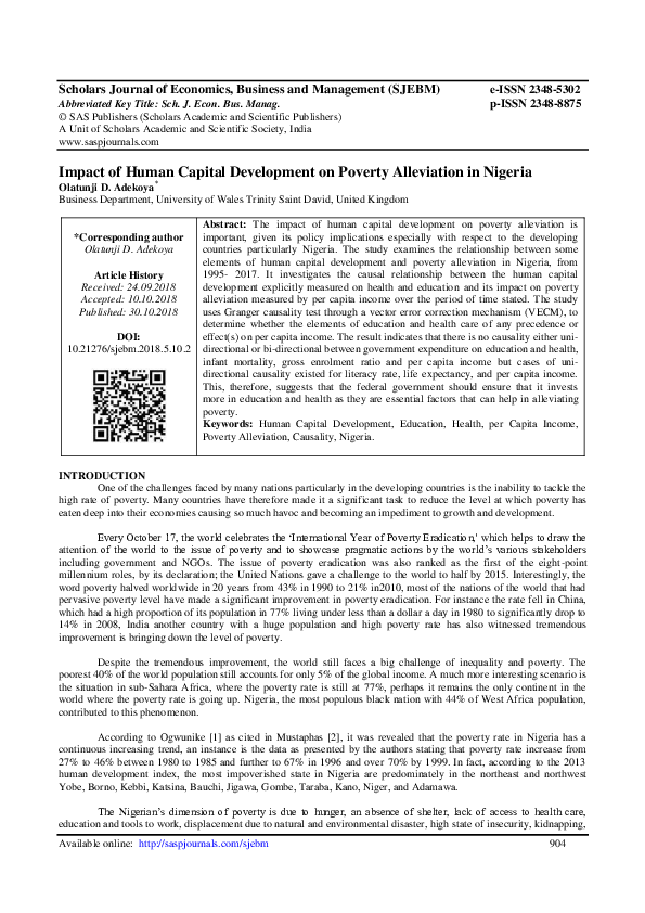 (PDF) Impact of Human Capital Development on Poverty Alleviation in Nigeria