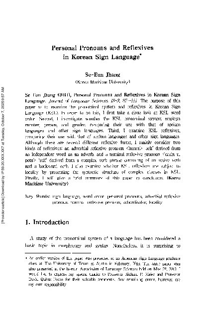 (PDF) Personal Pronouns and Reflexives in Korean Sign Language