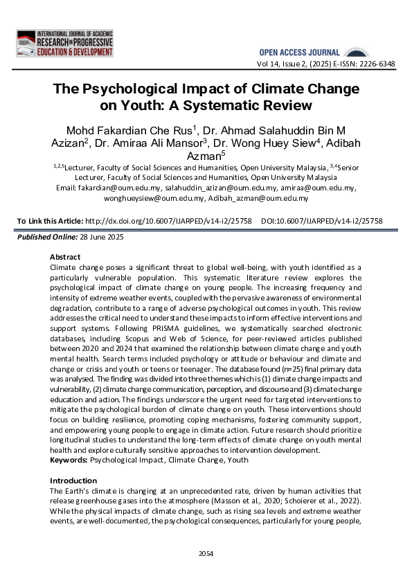 (PDF) The Psychological Impact of Climate Change on Youth: A Systematic ...