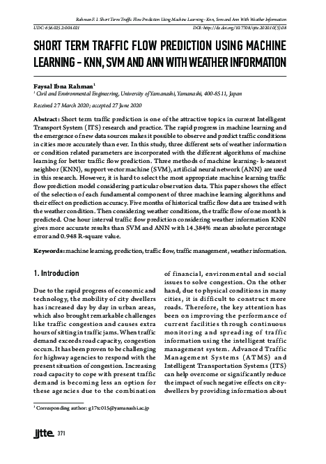 (PDF) Short Term Traffic Flow Prediction Using Machine Learning - KNN ...