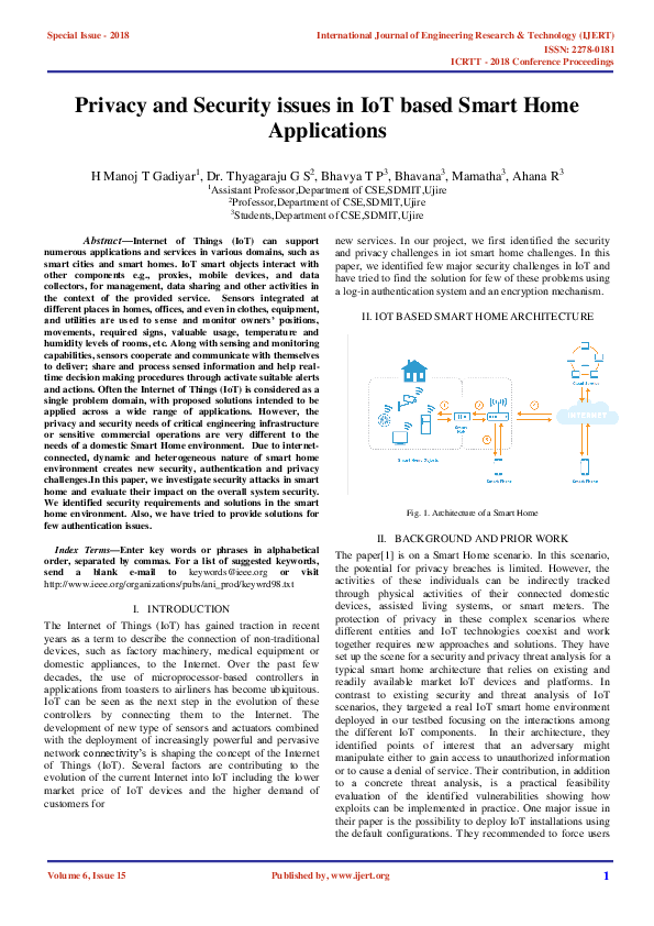 (PDF) Privacy and Security issues in IoT based Smart Home Applications
