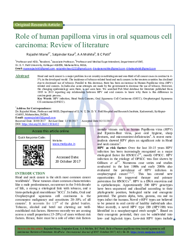 (PDF) Role of human papilloma virus in oral squamous cell carcinoma ...