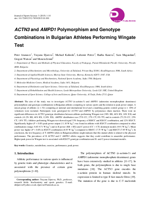 (PDF) ACTN3 and AMPD1 Polymorphism and Genotype Combinations in ...