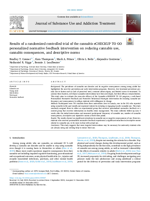 (PDF) Results of a randomized controlled trial of the cannabis eCHECKUP ...