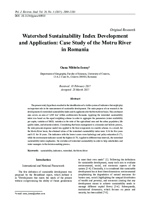 (PDF) Watershed Sustainability Index Development and Application: Case ...