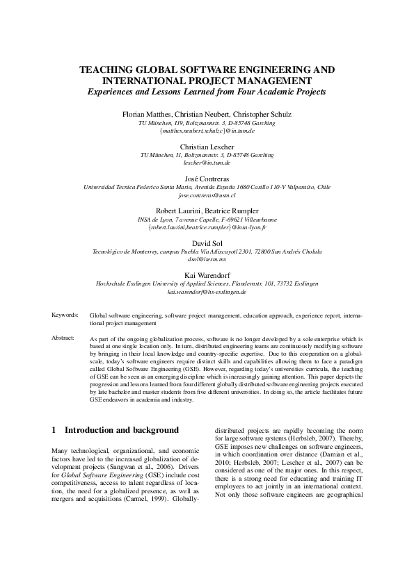 (PDF) TEACHING GLOBAL SOFTWARE ENGINEERING AND INTERNATIONAL PROJECT ...