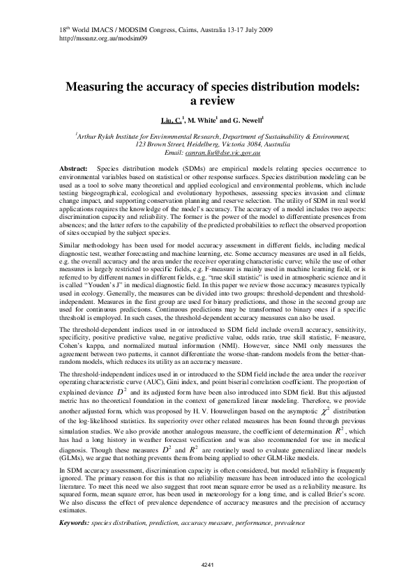 (PDF) Measuring the accuracy of species distribution models: a review