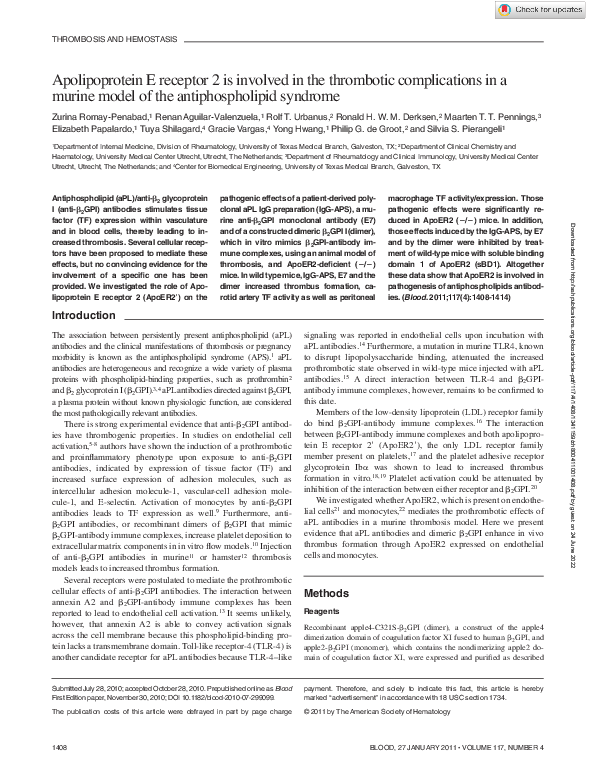 (PDF) Apolipoprotein E receptor 2 is involved in the thrombotic ...
