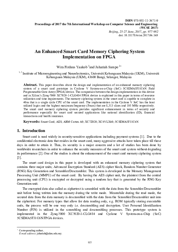 (PDF) An Enhanced Smart Card Memory Ciphering System Implementation on FPGA
