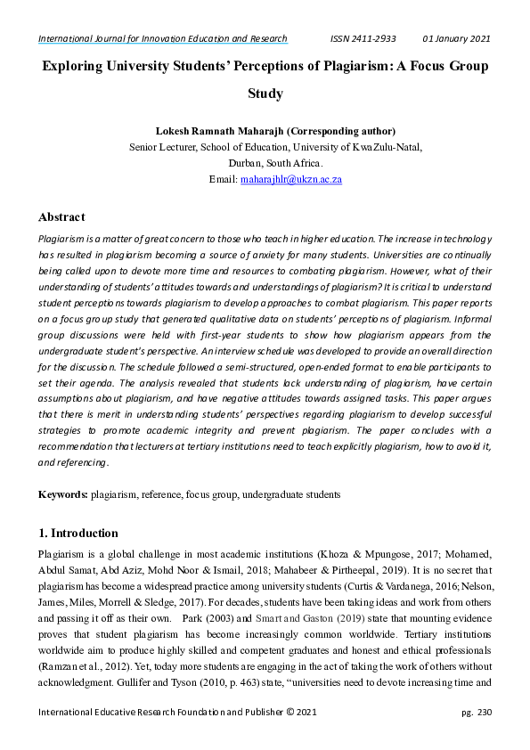 (PDF) Exploring University Students' Perceptions of Plagiarism: A Focus ...