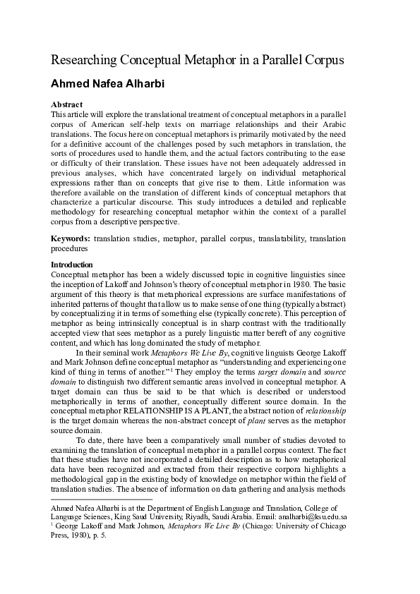 (PDF) Researching Conceptual Metaphor in a Parallel Corpus