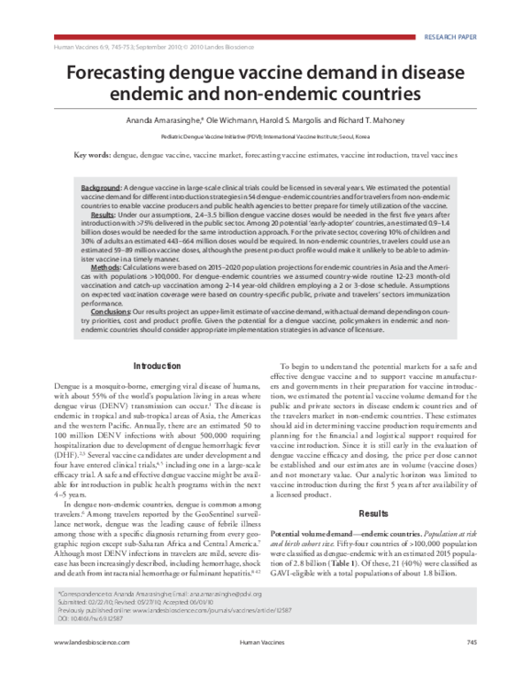 (PDF) Forecasting dengue vaccine demand in disease endemic and non ...