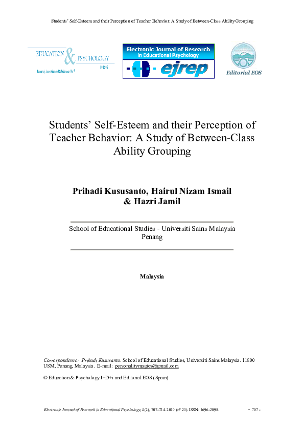 (PDF) Students’ Self-Esteem and their Perception of Teacher Behavior: A ...