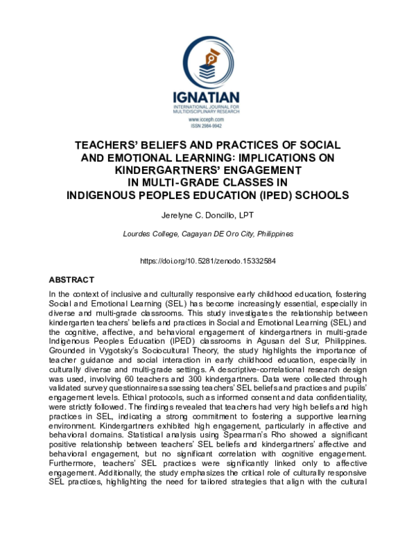 (PDF) TEACHERS BELIEFS AND PRACTICES OF SOCIAL AND EMOTIONAL LEARNING ...