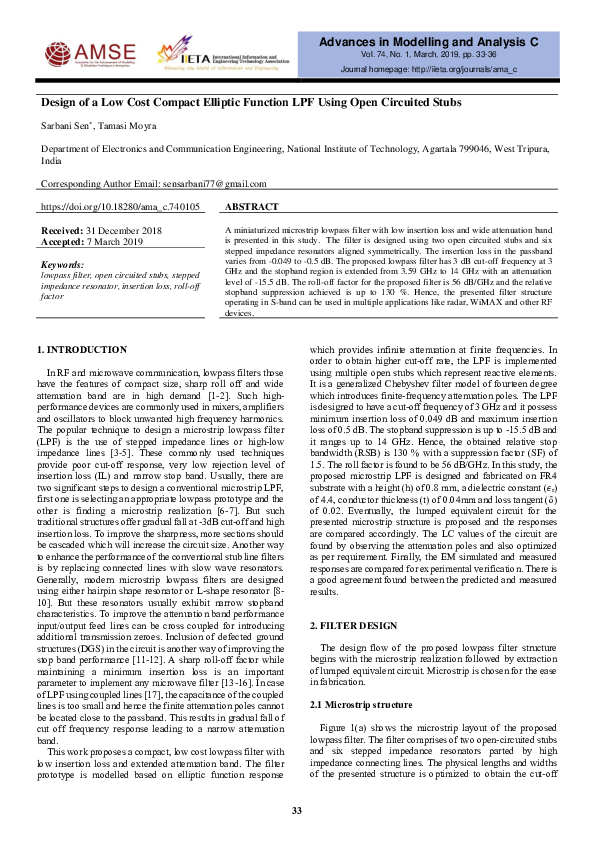 (PDF) Design of a Low Cost Compact Elliptic Function LPF Using Open ...