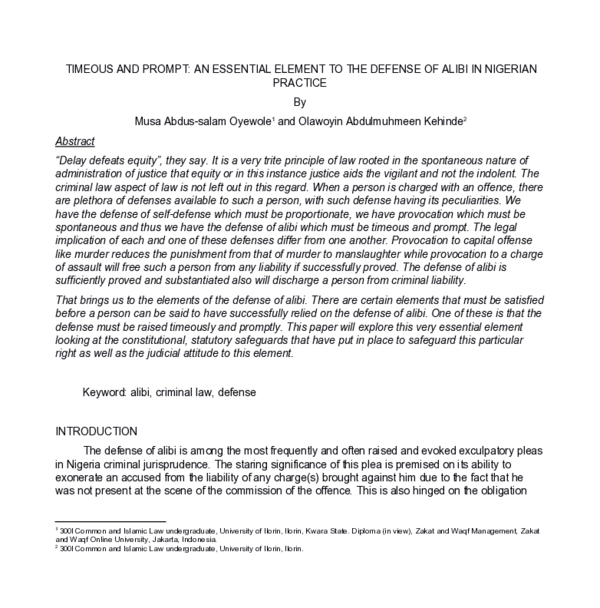 (PDF) TIMEOUS AND PROMPT: AN ESSENTIAL ELEMENT TO THE DEFENSE OF ALIBI ...