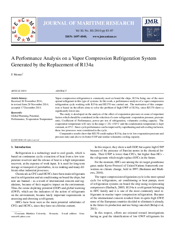(PDF) A Performance Analysis on a Vapor Compression Refrigeration ...