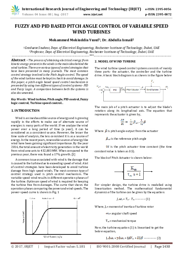 (PDF) Fuzzy and Pid Based Pitch Angle Control of Variable Speed Wind ...