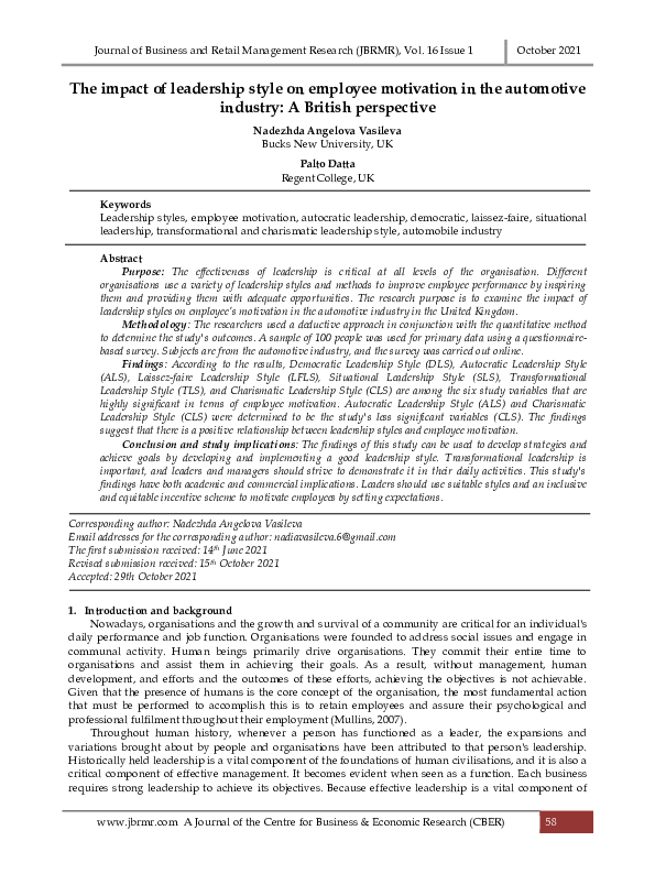 (PDF) The impact of leadership style on employee motivation in the ...