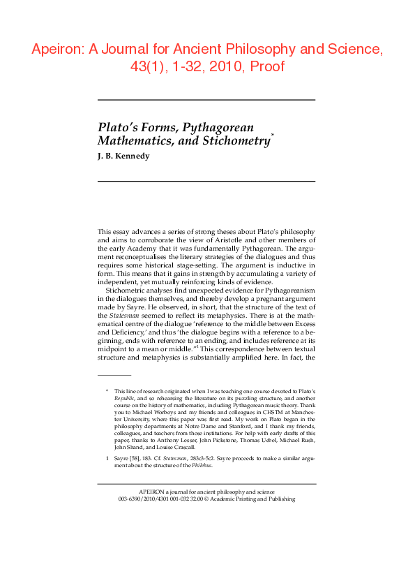 (PDF) Plato's Forms, Pythagorean Mathematics, and Stichometry
