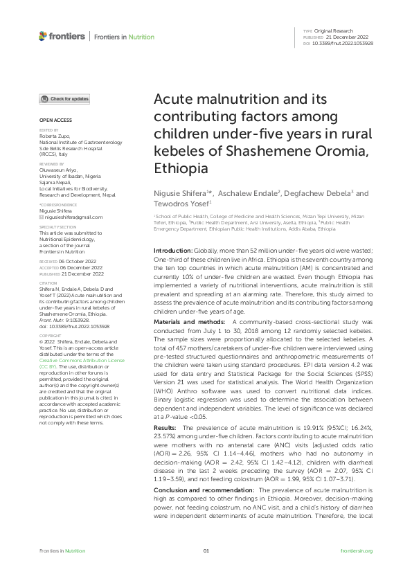 (PDF) Acute malnutrition and its contributing factors among children ...