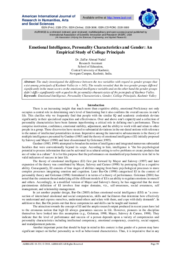 (PDF) Emotional Intelligence, Personality Characteristics and Gender ...