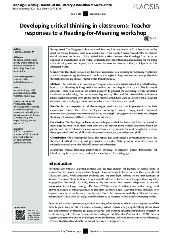 (PDF) Developing critical thinking in classrooms: Teacher responses to ...