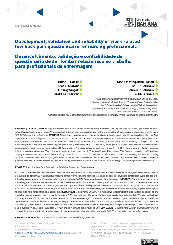 (PDF) Development, validation and reliability of work-related low back ...