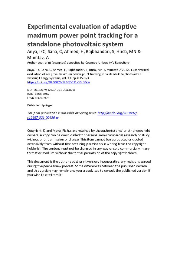 (PDF) Experimental evaluation of adaptive maximum power point tracking ...