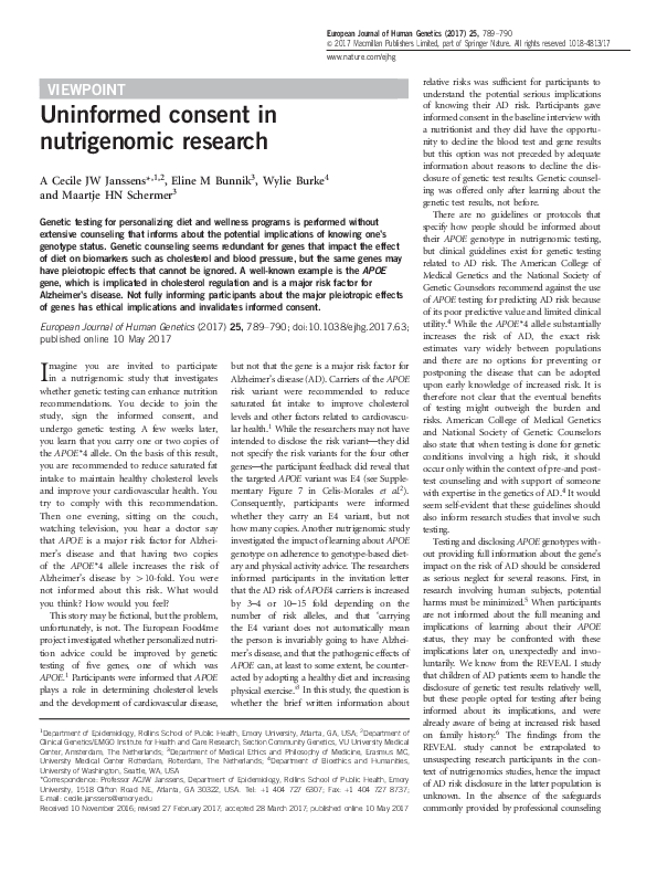 (PDF) Uninformed consent in nutrigenomic research