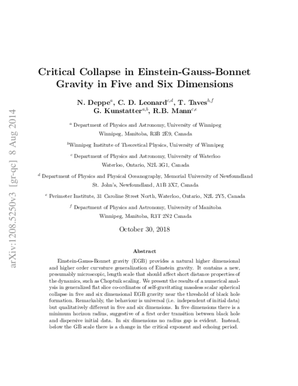 (PDF) Critical collapse in Einstein-Gauss-Bonnet gravity in five and ...
