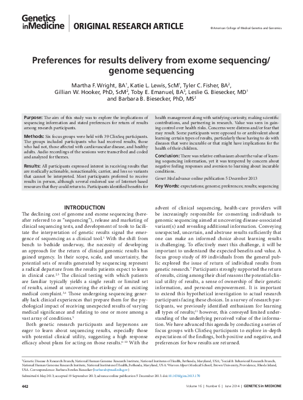 (PDF) Preferences for results delivery from exome sequencing/genome ...