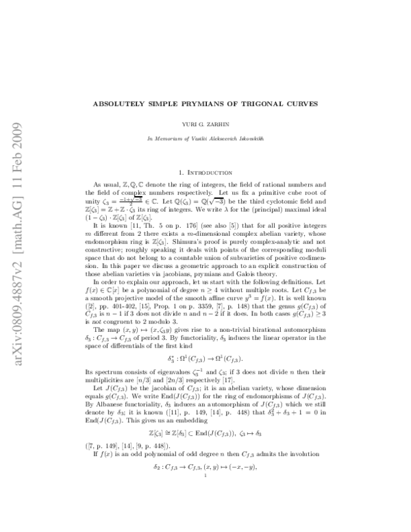(PDF) Absolutely simple prymians of trigonal curves