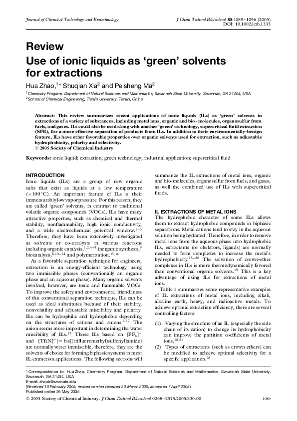 (PDF) Use of ionic liquids as ‘green’ solvents for extractions