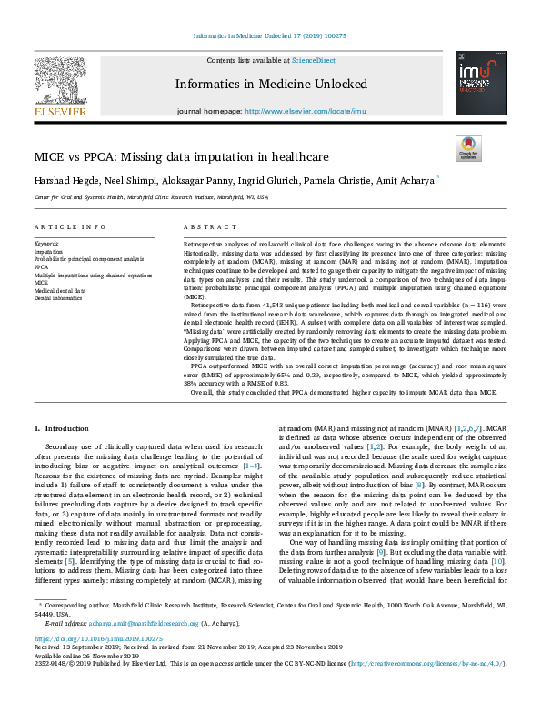(PDF) MICE vs PPCA: Missing data imputation in healthcare