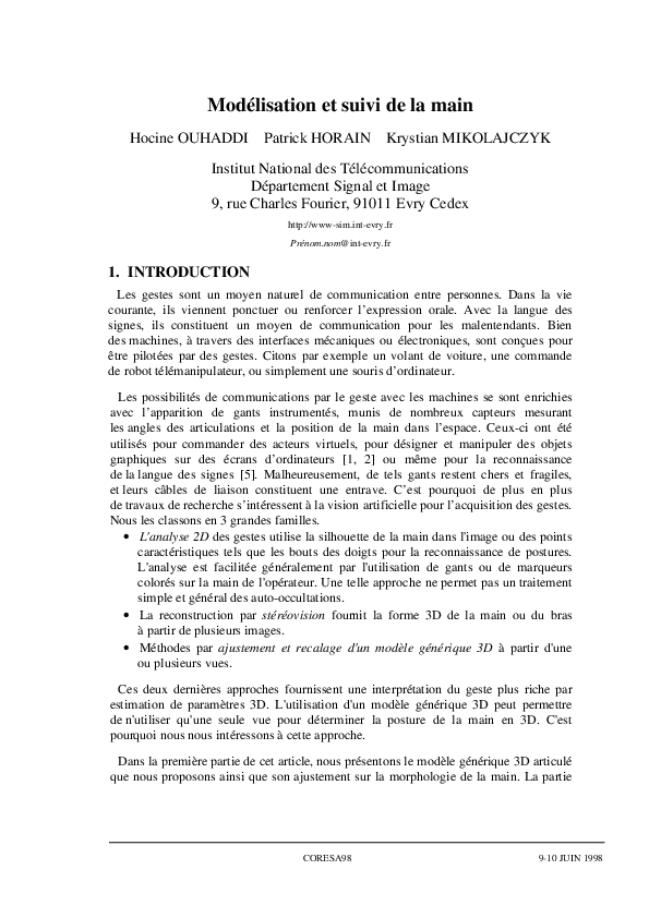 (PDF) Modélisation et suivi de la main