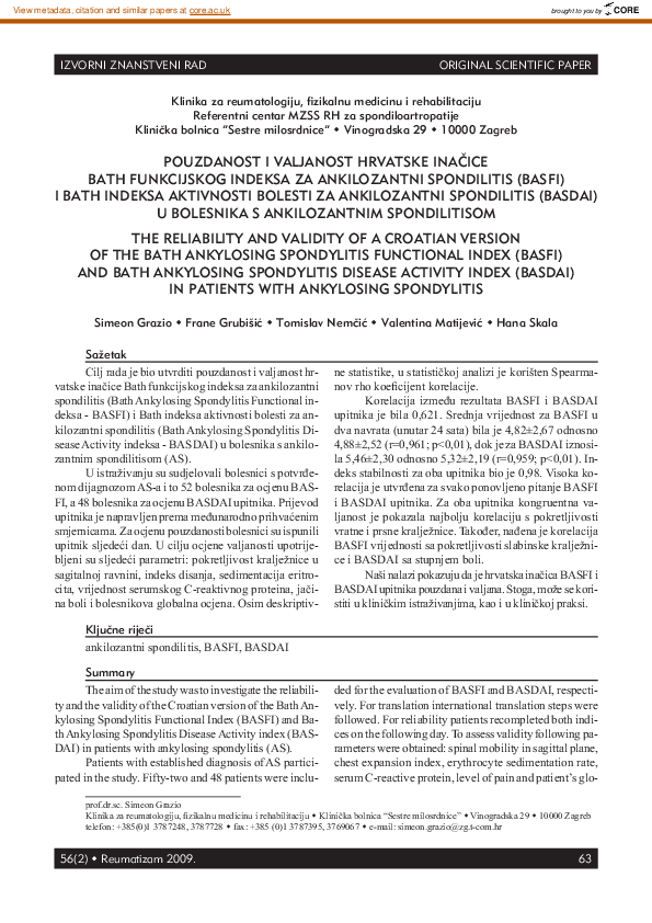 (PDF) [The reliability and validity of a Croatian version of the Bath ...