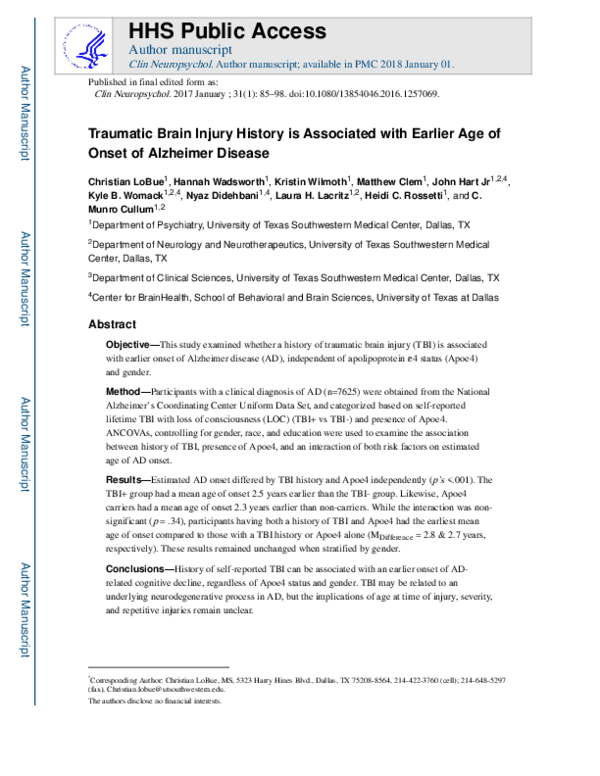 (PDF) Traumatic brain injury history is associated with earlier age of ...