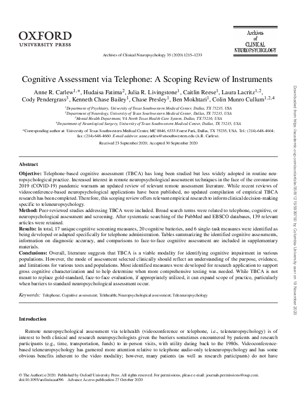 (PDF) Cognitive Assessment via Telephone: A Scoping Review of Instruments