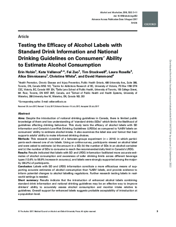 (PDF) Testing the Efficacy of Alcohol Labels with Standard Drink ...