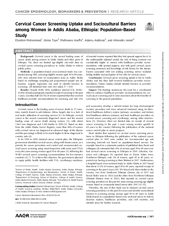 (PDF) Cervical Cancer Screening Uptake and Sociocultural Barriers among ...