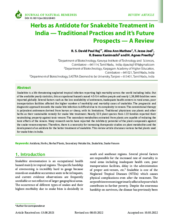 (PDF) Herbs as Antidote for Snake Bite Treatment- Traditional Practices ...