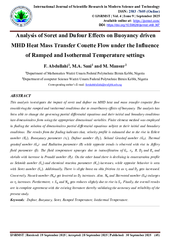 (PDF) Analysis of Soret and Dufour Effects on Buoyancy driven MHD Heat ...