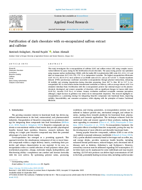 (PDF) Fortification of dark chocolate with co-encapsulated saffron ...