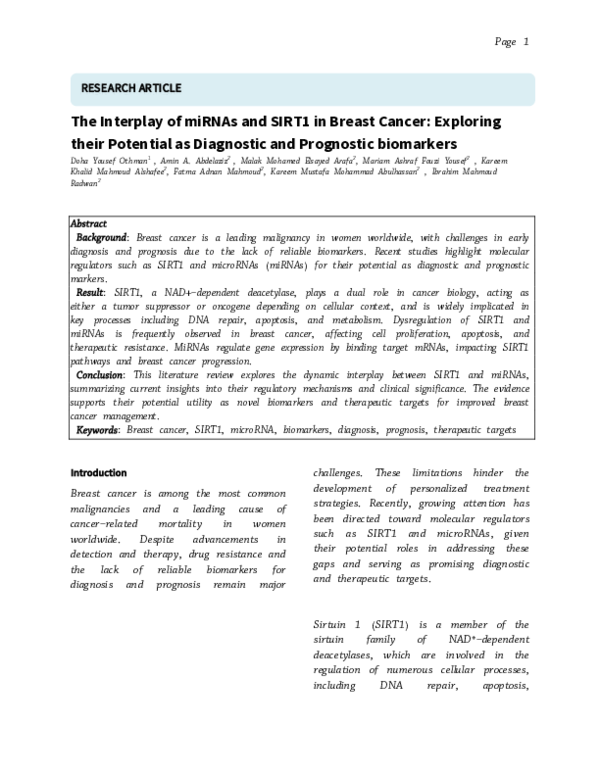 (PDF) The Interplay of miRNAs and SIRT1 in Breast Cancer: Exploring ...
