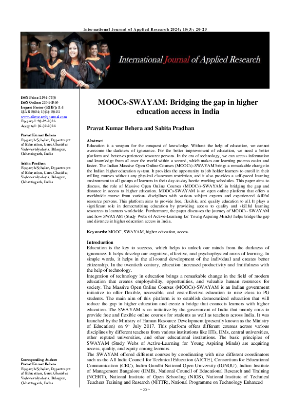 (PDF) MOOCs-SWAYAM: Bridging the gap in higher education access in India