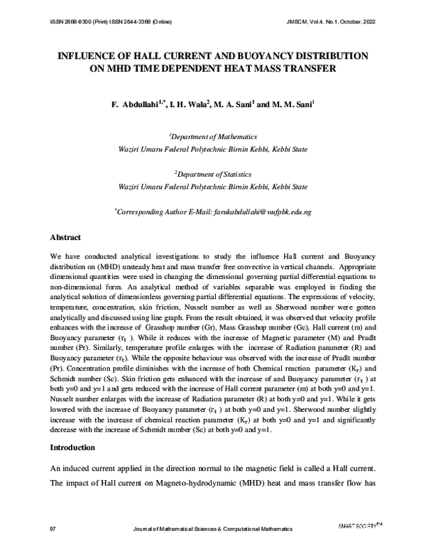(PDF) INFLUENCE OF HALL CURRENT AND BUOYANCY DISTRIBUTION ON MHD TIME ...