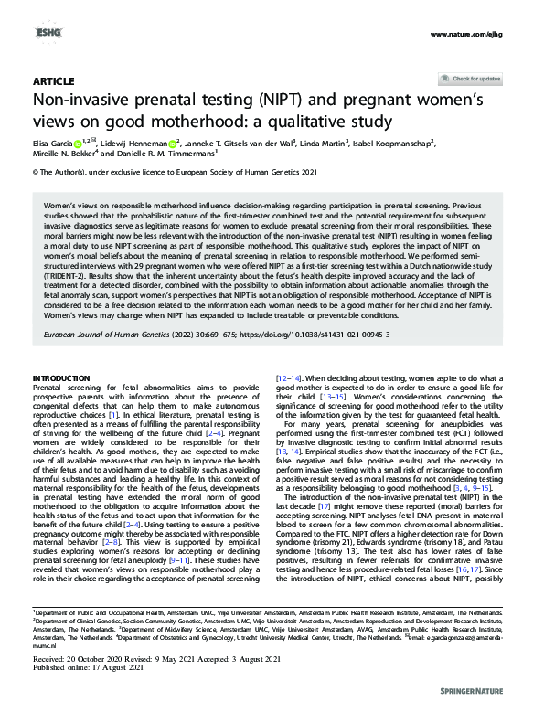(PDF) Non-invasive prenatal testing (NIPT) and pregnant women’s views ...